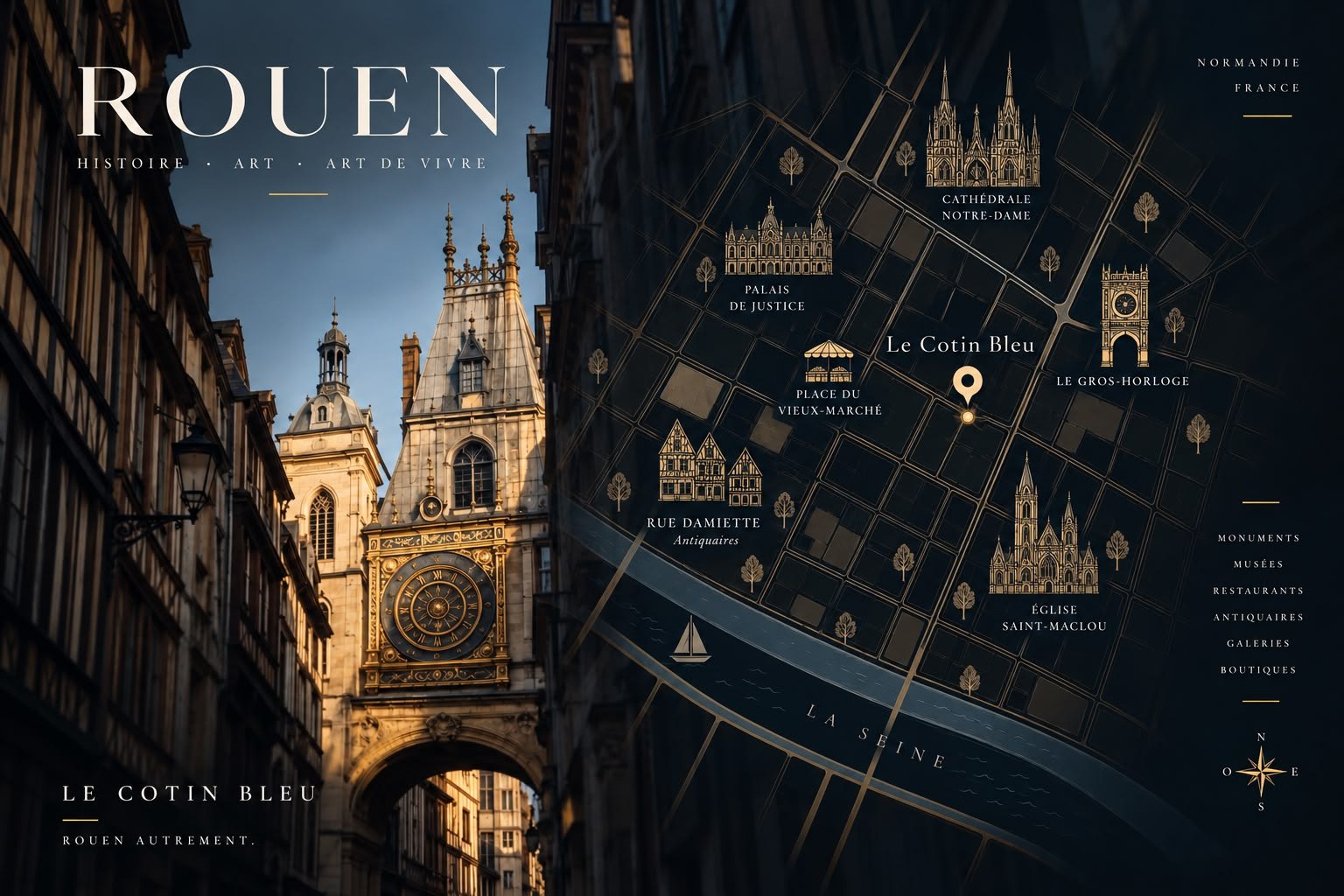Rouen, histoire, art, art de vivre : le Gros-Horloge et le plan illustré du quartier autour du Cotin Bleu
